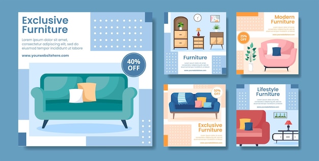 Home Furniture Social Media Ig Post Template Flat Cartoon Background Vector Illustration