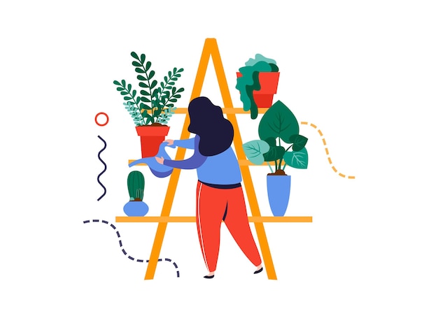 Вектор Домашний сад плоская композиция с персонажем женщины, поливающей горшечные растения на полках векторная иллюстрация