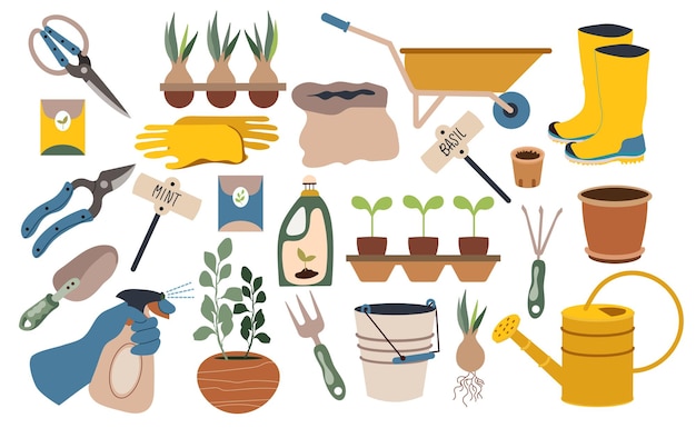 Home garden tool set. Vector isolated cute spring garden elements clay pots, onion flowers, seeds