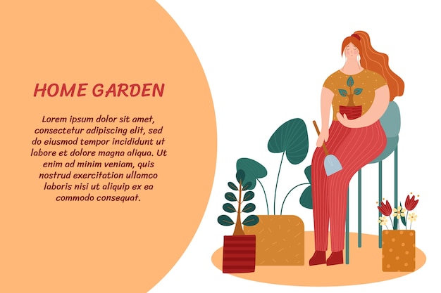 Vector home garden. a woman caring for plants.  illustration with place for your text.