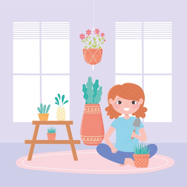 Home gardening, girl with potted plants in the room  illustration