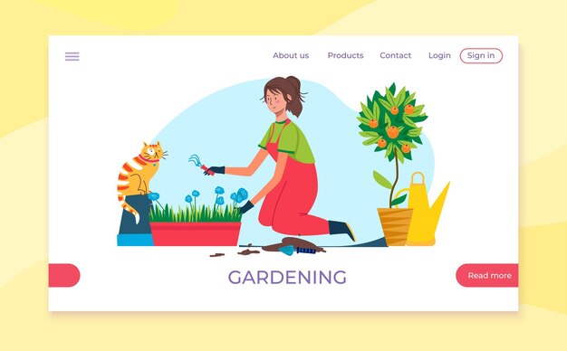 Home giardinaggio landing page concetto illustrazione vettoriale piatto carattere donna lavoro con pianta di fiori in casa persona tenere strumenti web banner