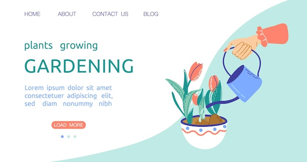 Home gardening landing or web page template with female hands watering flowers Plant care concept