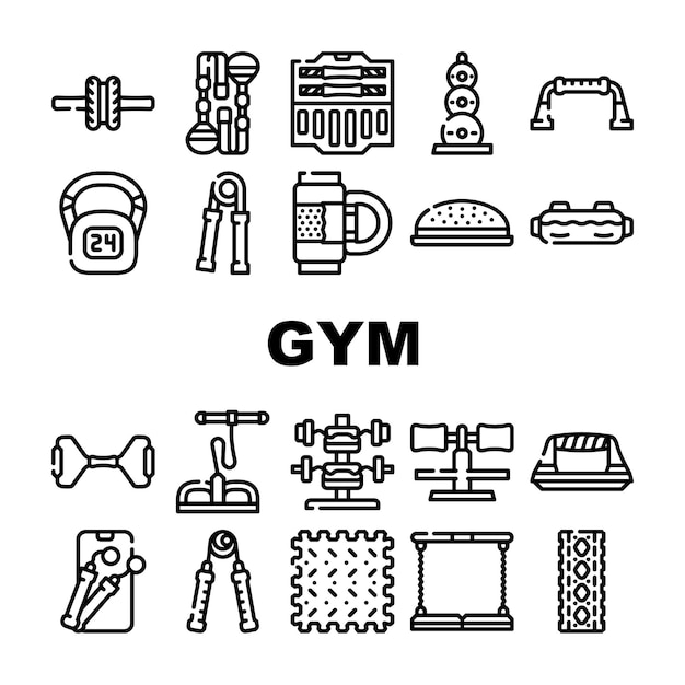 Home Gym Equipment Collection Icons Set Vector Hand Expander And Massage Roll Suitcase With Dumbbells Gym Tool Skipping Rope And Exercise Mat Contour Illustrations