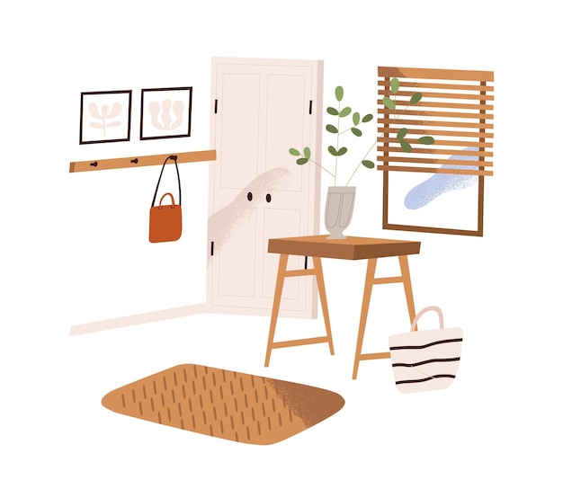 home hallway interior design modern cozy antechamber with door window hook plant and decor entry room in minimalistic scandinavian style flat vector illustration isolated on white background