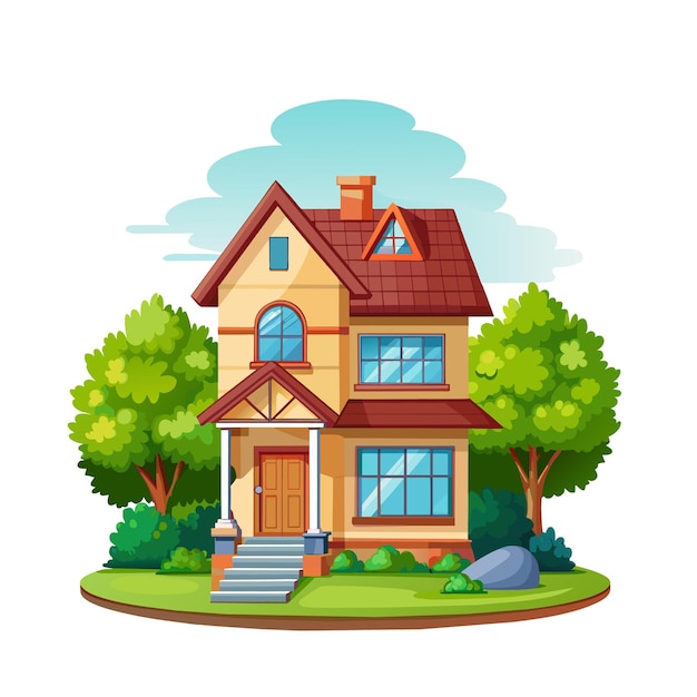 home house and trees in cartoon style on white background