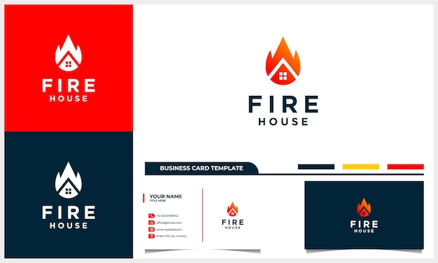 Casa e casa con il concetto di design del logo del fuoco e il modello di biglietto da visita