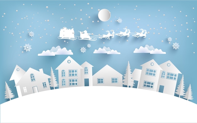 홈 삽화와 산타 클로스는 겨울에 눈 덮인 언덕 위로 날아갑니다. 디자인 종이 예술과 공예
