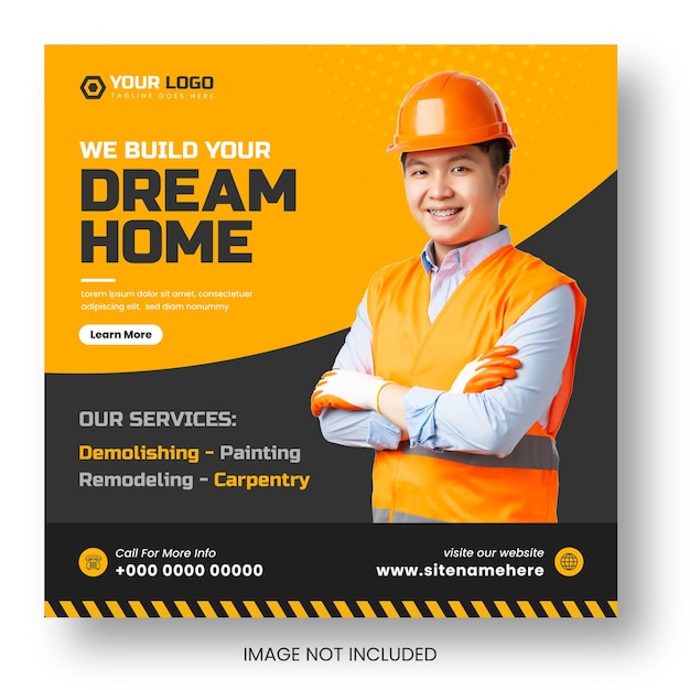 Home improvement and repair construction social media post amp web banner design template