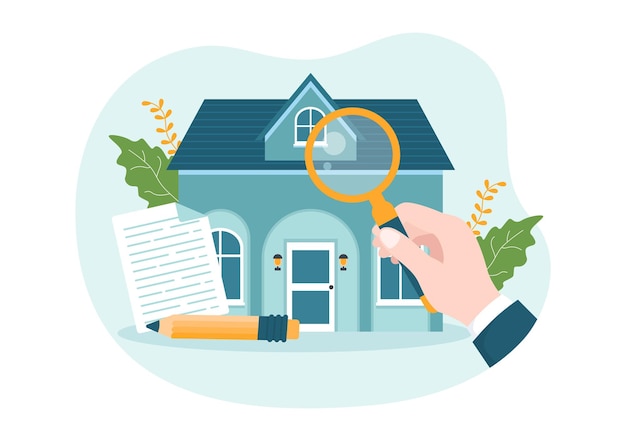 Vector home inspector checks the condition of the house and writes a report on flat illustration