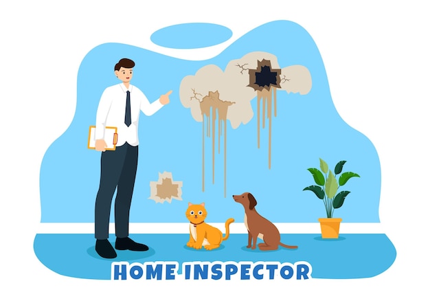 Home inspector illustration with checks the condition of the house for maintenance rent search