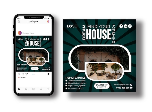 ベクトル ホーム・インスタグラム・ポストまたはソーシャル・メディア・バナーのデザインテンプレート