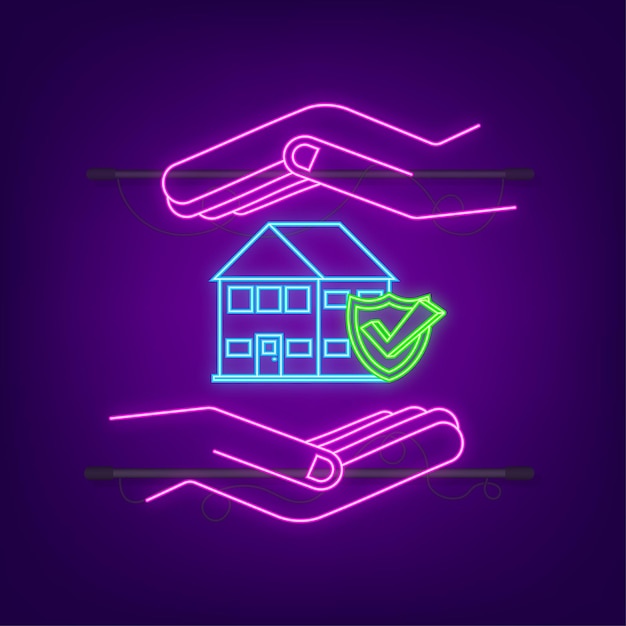 Home insurance policy services Home safety security neon icon Vector stock illustration