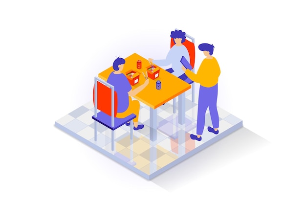 Home interieur concept in 3d isometrisch ontwerp Mensen in de eetkamer met tegelvloer zitten op stoelen aan tafel en eten fastfood maaltijden Vector illustratie met isometrie scène voor webgrafiek