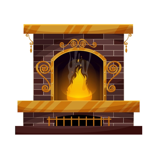 Home interior brick fireplace with burning fire, forgery decor and grating