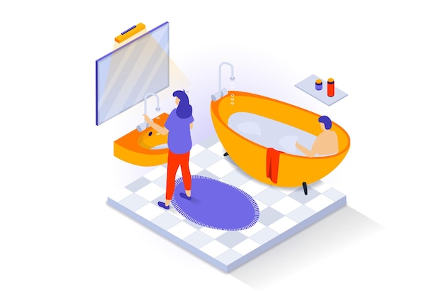 Home interior concept in 3d isometric design People in bathroom with bathtub flooring with carpet mirror and washbasin shelf with shampoo Vector illustration with isometry scene for web graphic