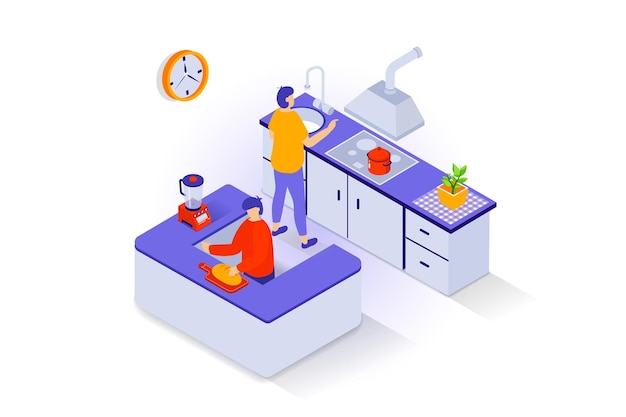 Home interior concept in 3d isometric design People cook in kitchen room with tables sink stove and hood blender and other appliances Vector illustration with isometry scene for web graphic