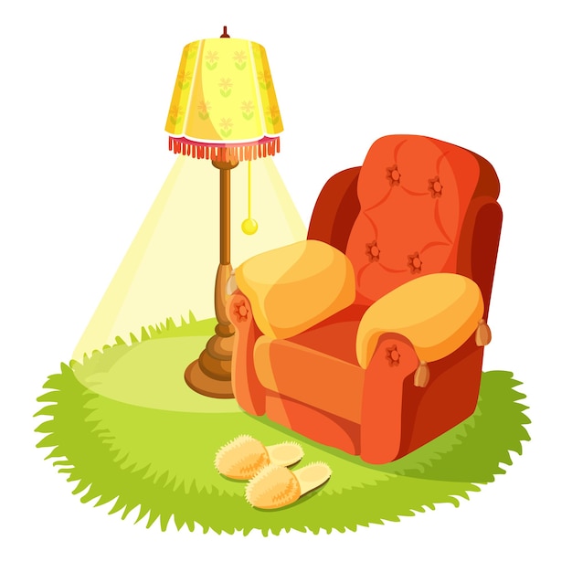 Home interior de. cosy armchair with cushions, yellow torchere and round grass textile rug isolated on white. home slippers on carpet. indoors house design. vintage furniture.  illustration