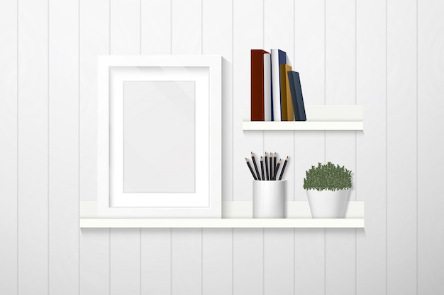 Vector home interior design , frame, books and decorations on shelf on white plank wall, furniture.