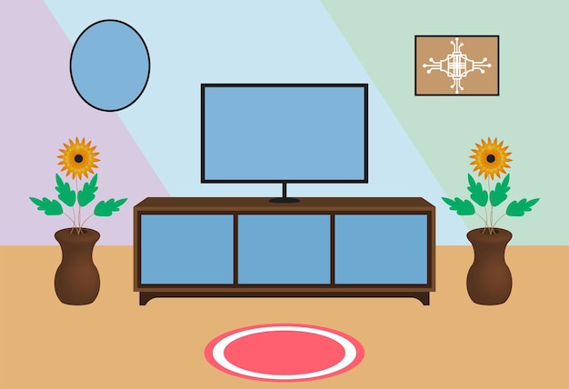 Home interior elements set, wooden furniture set, flower tub, television, tv showcase flat vector