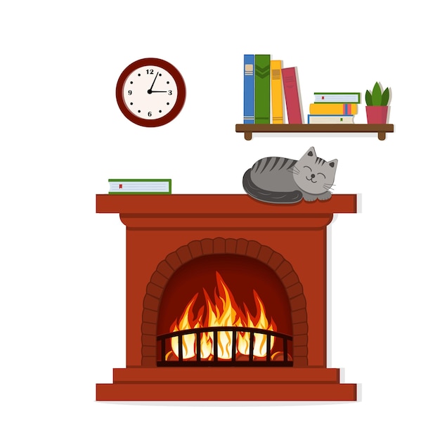 Home interior fireplace with fire color vector illustration flat