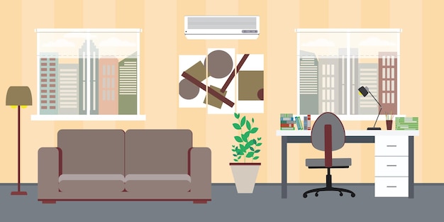 Home Interior flat design Workspace for freelancer and work relax cartoon vector illustration