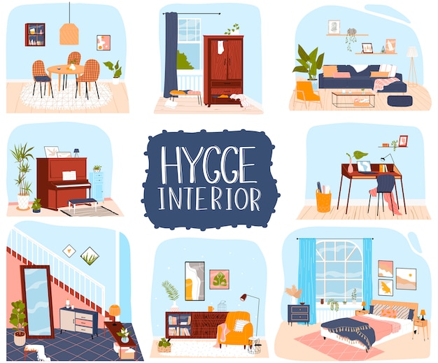 Illustrazione di interni casa, collezione di appartamenti in cartone animato con mobili accoglienti e decorazioni in stile hygge