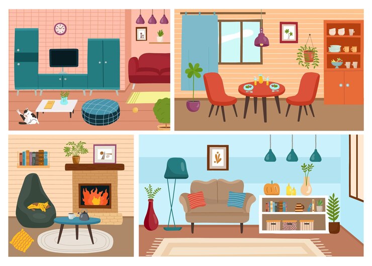 Вектор дома интерьер мебель для гостиной декорация квартиры дизайн hygge лампа и ковер растения в цветочных горшках стол для обеда камин и кресло вектор современная скандинавская иллюстрация