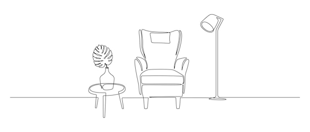 Home interior in one continuous line drawing Modern furniture armchair and table and loft floor lamp in simple linear style Editable stroke Doodle vector illustration