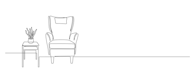 Home interior in one continuous line drawing Modern furniture armchair and table with flower in simple Linear style Editable stroke Doodle vector illustration