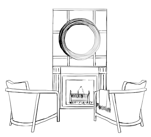 Home interior with armchairs and fireplace Furniture sketch