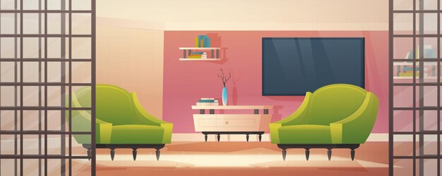 Home interior with hallway entrance and furniture bright hall living room with armchairs and carpet cartoon vector illustration