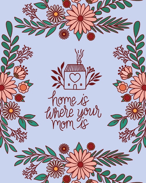 Home is where you mom is text with flowers and leaves frame 