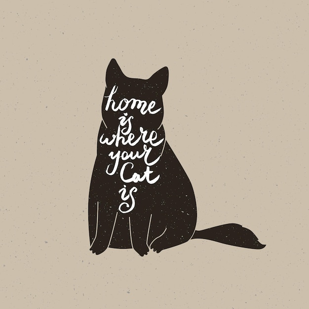 Home is where your cat is. Cute cat character and quote. Trendy hipster hand drawn style illustration. Inspiration vector typography vintage poster with black cat.