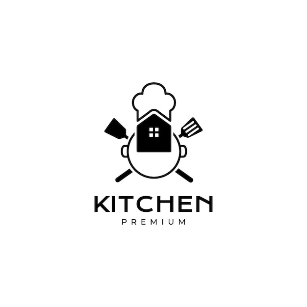 Home kitchen restaurant spatula cooking hat chef circle pan modern simple logo design vector