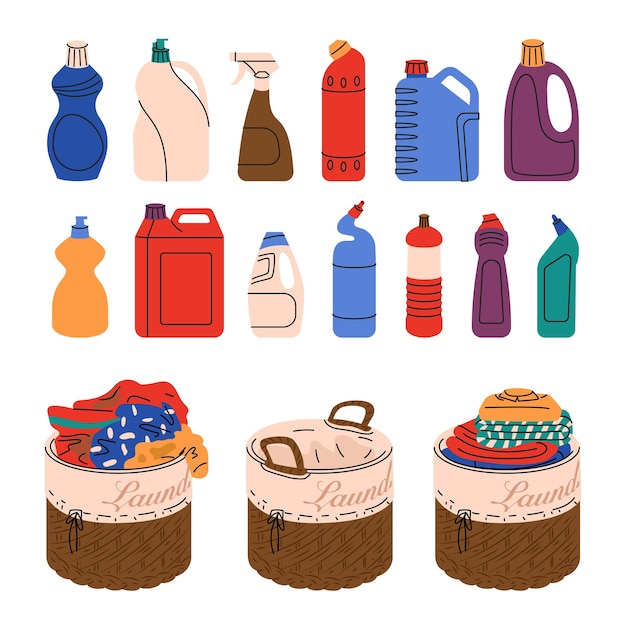 Home laundry concept Plastic containers for household chemicals Wicker baskets with textile insert Empty full of dirty laundry full of clean clothes Vector illustration Isolated