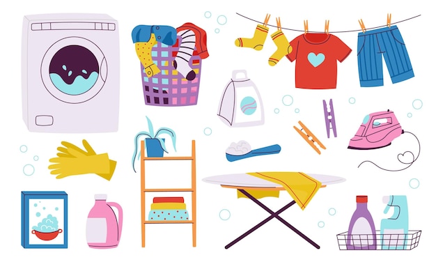 Home laundry elements iron and wash machine Clothes on rope ironing desk and spray bottles Basket for dirty or clean fabric decent appliances vector set