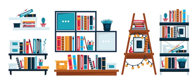 Vector home library bookshelves or office shelf study room interior isolated icons