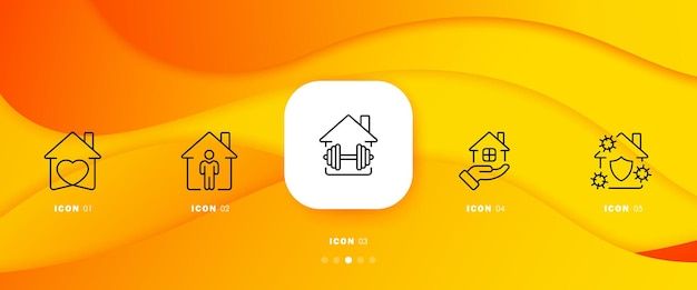 Home life set icon house heart love support man barbell hand virus protection immunity quarantine sport covid 19 domesticity concept infographic timeline with 5 steps vector line icon