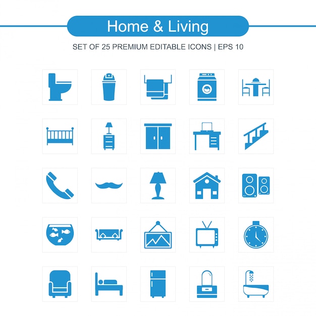 Vector home living icons set blue