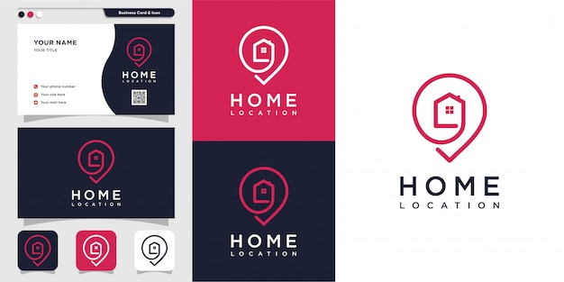 Home location logo with line art and business card design. pin, map, location, home, house, icon, building premium