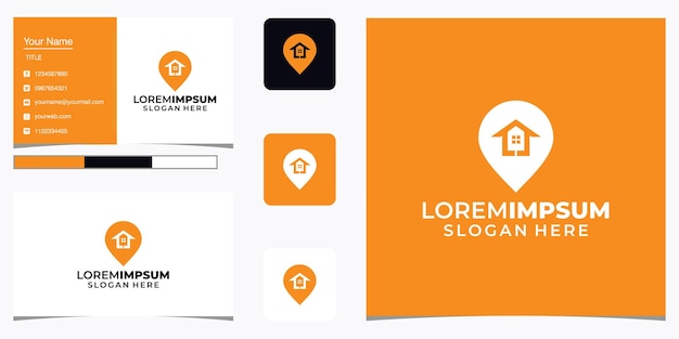 Home location logo with line art and business card design. pin, map, location, home, house