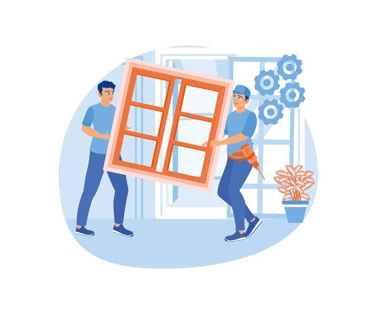 Vector home maintenance concept carpenter replaces and installs house windows home maintenance concept flat vector illustration