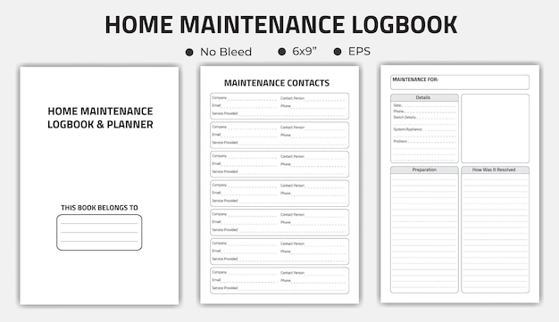 Vector home maintenance logbook or notebook low content kdp interior template
