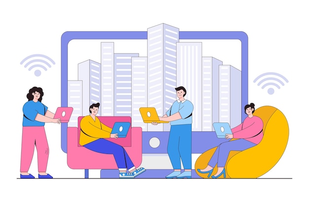 Home office concept Group of people working at home and looking at computer or laptop screen Outline design style minimal vector illustration for landing page web banner infographics hero images