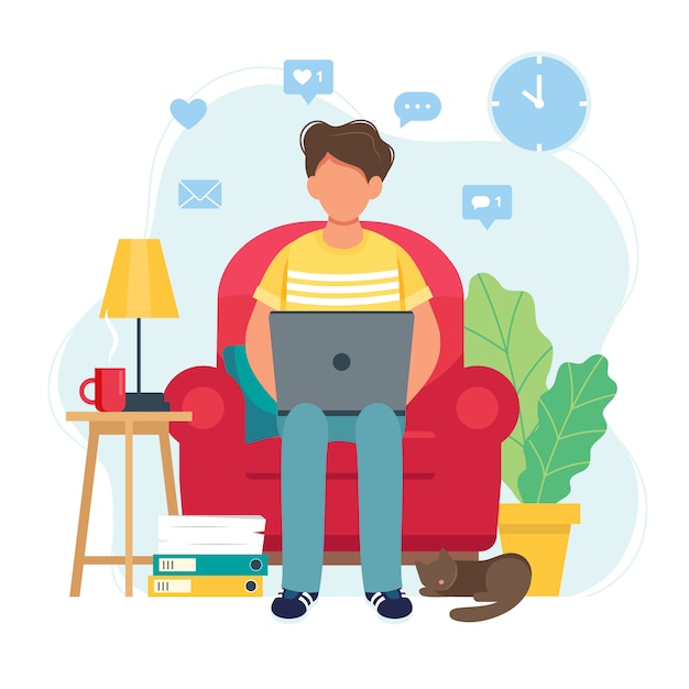 Home office concept, man working from home sitting on a chair, student or freelancer.