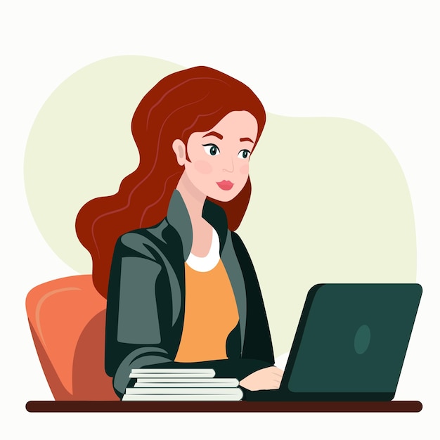 Home office concept, woman working from home sitting on an armchair, student or freelancer.