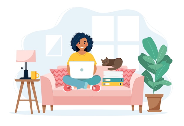 Vector home office concept, woman working from home sitting on a sofa, remote work concept