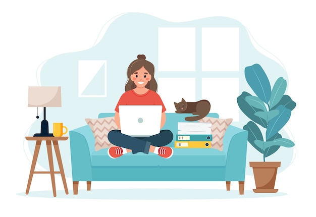 Home office concept, woman working from home sitting on a sofa