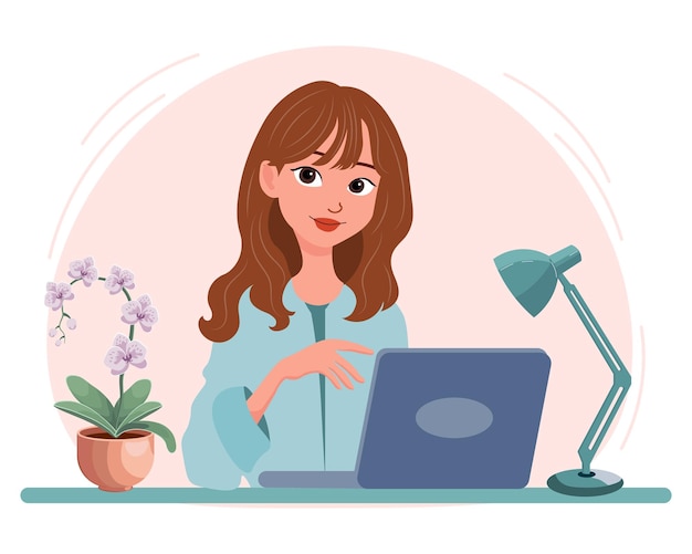 Home office concept, woman working from home, student or freelancer. Cute illustration in flat style